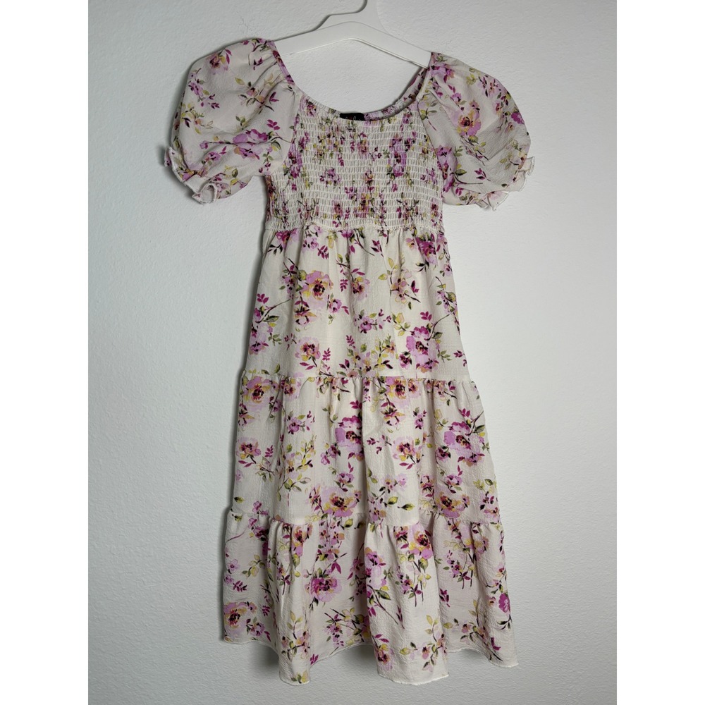 Lilt Girls Floral Tiered Smocked Puff Sleeve Dress Purple Cream Size 8